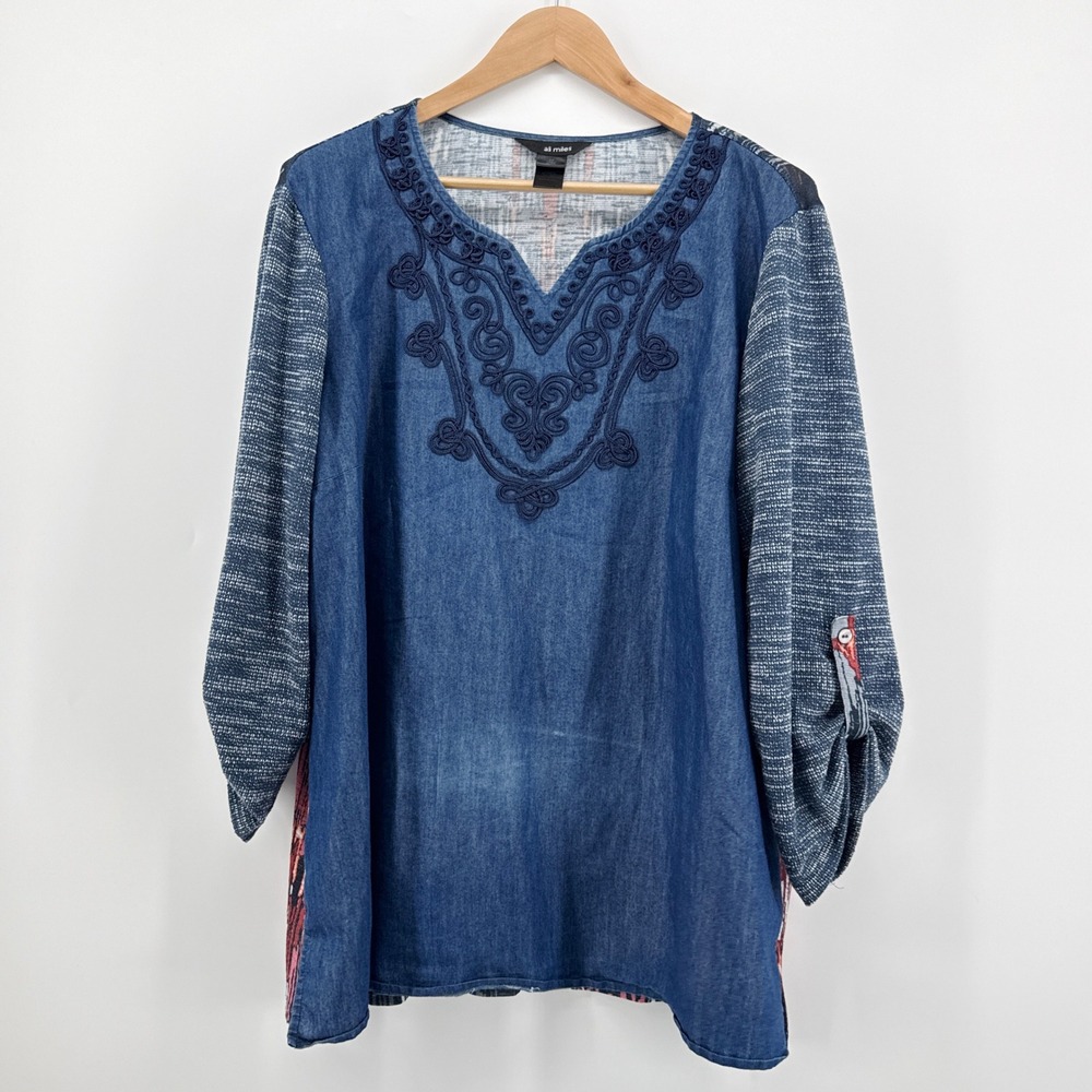 Ali Miles Mixed Media Tunic Womens 2X Denim Embroidered Abstract Ikat Top Plus